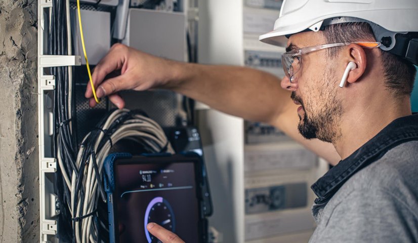 Network technician plugging in ethernet cable to a server rack