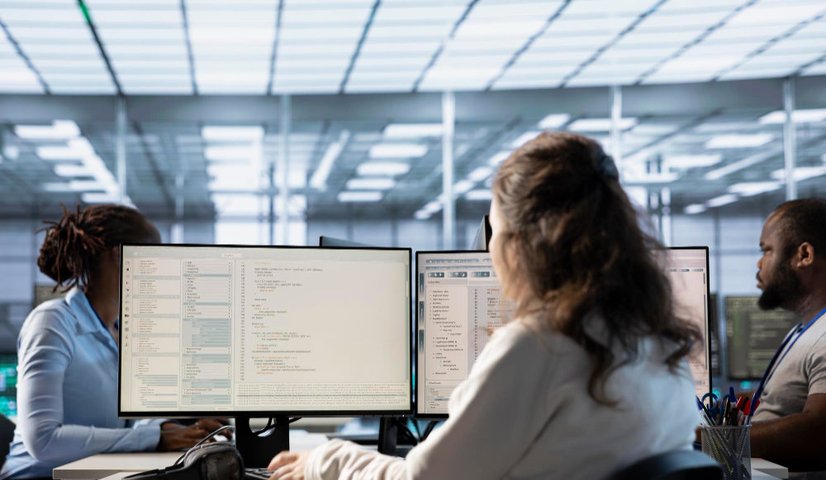 IT professional monitoring multiple screens in a help desk environment